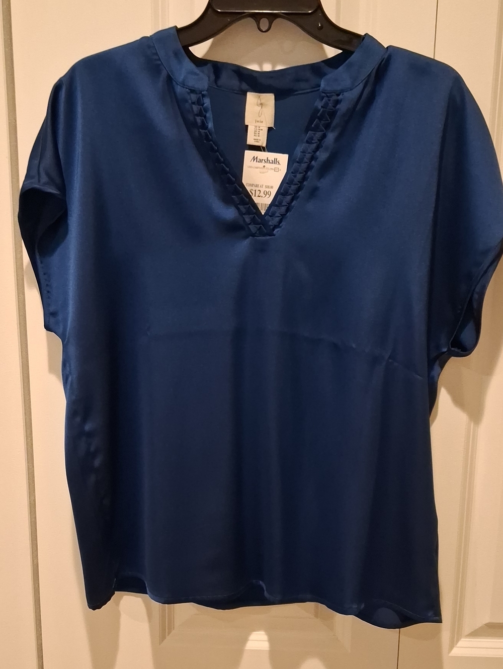 Joie Royal Blue Satin V-Neck Blouse with Braided Trim